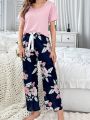 Floral Print Short Sleeve Long Pants Pajama Set