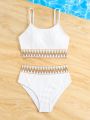 Teen Girl Zigzag Pattern Woven Strap Tankini Swimsuit Set