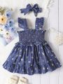 Baby Girl'S Wide Strap Leaf Printed A-Line Dress