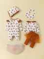 SHEIN Baby Girls' Multi-piece Set With Striped & Solid Butterfly Print Fashionable Comfortable Gift Set For Autumn And Winter