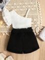 Baby Girls' Asymmetrical Collar Ruffle Decor Top And Shorts Set