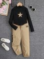 SHEIN Kids HYPEME Teenage Girls' Knitted Stand Collar Long Sleeve T-Shirt And Cargo Pants Sportswear Set With Edgy Design