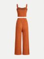 SHEIN Teen Girls' Sleeveless Crop Top And Wide Leg Pants Set With Crinkle Texture For Holiday Leisure