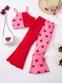 SHEIN Kids Nujoom Young Girl Cute And Stylish Two Piece Outfits, Cami Top With Heart And Flare Leg Pants Suitable For Spring, Summer, Autumn And Winter