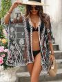 SHEIN Swim Basics Women's Mesh Embroidered Embellished Kimono Blouse