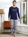 Men'S Letter Printed Long Sleeve Checkered Pants Homewear Set