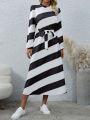 SHEIN LUNE Women's Striped Stand Collar Long Sleeved Belted Maxi Dress