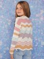 Girls' Colorblock Wave Pattern Round Neck Sweater