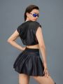 Women's Faux Leather Pleated Black Sport Skirt Short With Elastic Waist