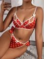 Polka Dot Print Underwire Bra Set With Bow Decoration