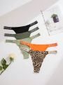 5pcs/pack Women's Leopard Print & Letter And Rhinestone Decor Thong Underwear