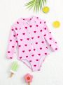 Baby Heart Print Zipper Front One Piece Swimsuit