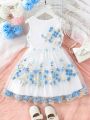 SHEIN Kids Nujoom Young Girls' Sweet Floral Embroidery Romantic Mesh Princess Dress