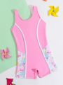 Young Girl Cartoon Print Color Block One-Piece Swimsuit With Contrast Binding