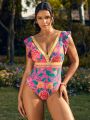 SHEIN Swim Classy Floral Print Deep V-Neck One-Piece Swimsuit With Ruffle Hem