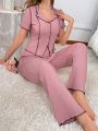 Women's Colorblock Short Sleeve Shirt And Long Pants Casual Suit