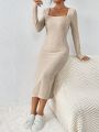 SHEIN Frenchy Ladies' Solid Color Knitted Square Neck Long Dress