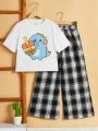 SHEIN Tween Girls' Loose Fit Cartoon Printed T-Shirt And Plaid Pants Casual 2pcs/Set