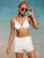 SHEIN Swim BohoFeel Solid Color Lace Patchwork Cover Up