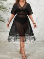 SHEIN Swim BohoFeel Plus Size Women'S Patchwork Fringed Hem Mesh Maxi Dress With Sheer Cover Up