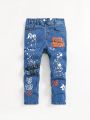 SHEIN Toddler Boys' Casual Slim Fit Mid-rise Rubber Printed Denim Pants