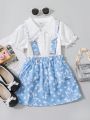 SHEIN Kids FANZEY Little Girls' Fashionable Printed Overall Dress + Ruffled Hem Blouse 2pcs/Set Suitable For Young Lady Style