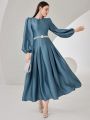 SHEIN Modely Ladies' Solid Color Lantern Sleeve Pleated Dress