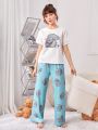 SHEIN Teenage Girls' Knitted Elephant & Bunny Pattern T-shirt And Pants Set For Home