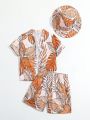 Toddler Boys' Swimsuit Set With Plant Pattern Print, Woven Shorts And Hat