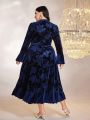 Plus Floral Jacquard Flare Sleeve Ruffle Hem Velvet Dress