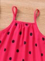 Girls' (little) Polka Dot Printed Spaghetti Strap Dress With Ruffle Hem