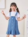 SHEIN Young Girl's Adjustable Loose Fit Denim Overall Skirt, Blue