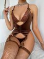 4pcs/set Lace Wireless Ruched Sexy Lingerie With Thong And 2 Pairs Of Fishnet Stockings