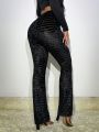 SHEIN SXY Party Date Night Valentine'S Day Sexy Prom Spring/Elastic Velvet/Stitched/Trendy Flare Pants/Casual/ Women'S Long Trousers