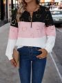 Heart Print Colorblock Half Zip Sweatshirt