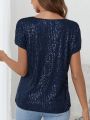 SHEIN Clasi Women's Sparkly Shirt With Notch Neckline
