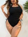 SHEIN Swim Basics Plus Drawstring Side Crisscross Backless One Piece Swimsuit