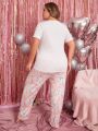 Plus Size Letter Print Short Sleeve T-Shirt With Heart Print Pants Pajama Set