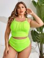 SHEIN Swim Basics Plus Size Fluorescent Green Swimsuit Set