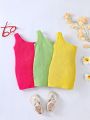 SHEIN Baby Girl'S Casual Knit Solid Color One Shoulder Dress Three-Piece Set