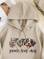 SHEIN Essnce Dog & Letter Graphic Kangaroo Pocket Drawstring Thermal Hoodie