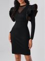 ChaKiva Latrell Luxe Collection Contrast Mesh Ruffle Trim Bodycon Dress