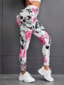 SHEIN Yoga Floral High-waisted Athletic Leggings With Floral And Skull Graphics