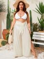 SHEIN Swim Basics Plus Split Thigh Belted Wide Leg Cover Up Pants With Bikini Bottom