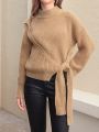 Anewsta Stand Collar Knotted Hem Side Sweater