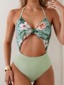 Women's Floral & Botanical Printed Halter One-Piece Swimsuit