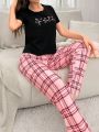 Women'S Letter & Heart Printed Short Sleeve Top Plaid Pants Pajama Set