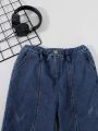 SHEIN Boys' Casual Water-washed Blue Denim Pants For Youth