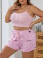 Plus Size Solid Color Camisole With Crown & Letter Printed Shorts Pajama Set