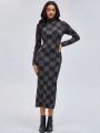 CreativeWingy Women's High Neck Plaid Slim Fit Sweater Dress With Hip-hugging Design